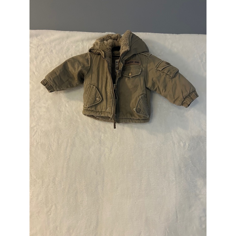 Vintage OshKosh B'gosh Boys 18M Sherpa Lined Hooded Utility Jacket Olive Green